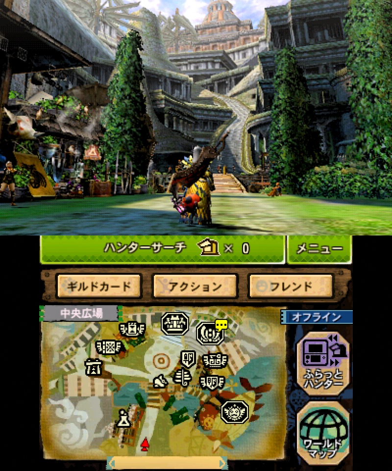 フレーム補間で滑らかに表示されるモンスターハンターの3DS画面